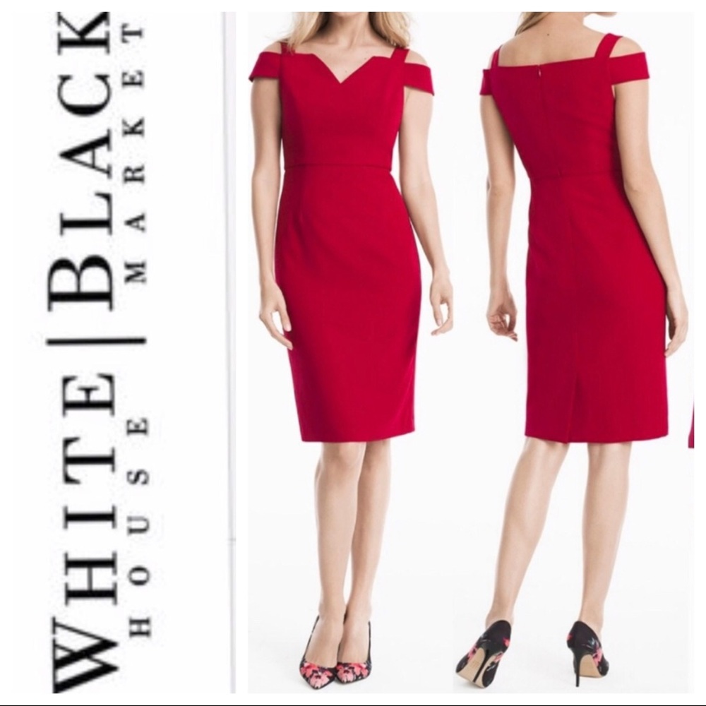 NEW White House WHBM Cerise Red Cold Shoulder Sheath Dress Knee Midi Pencil 0 XS